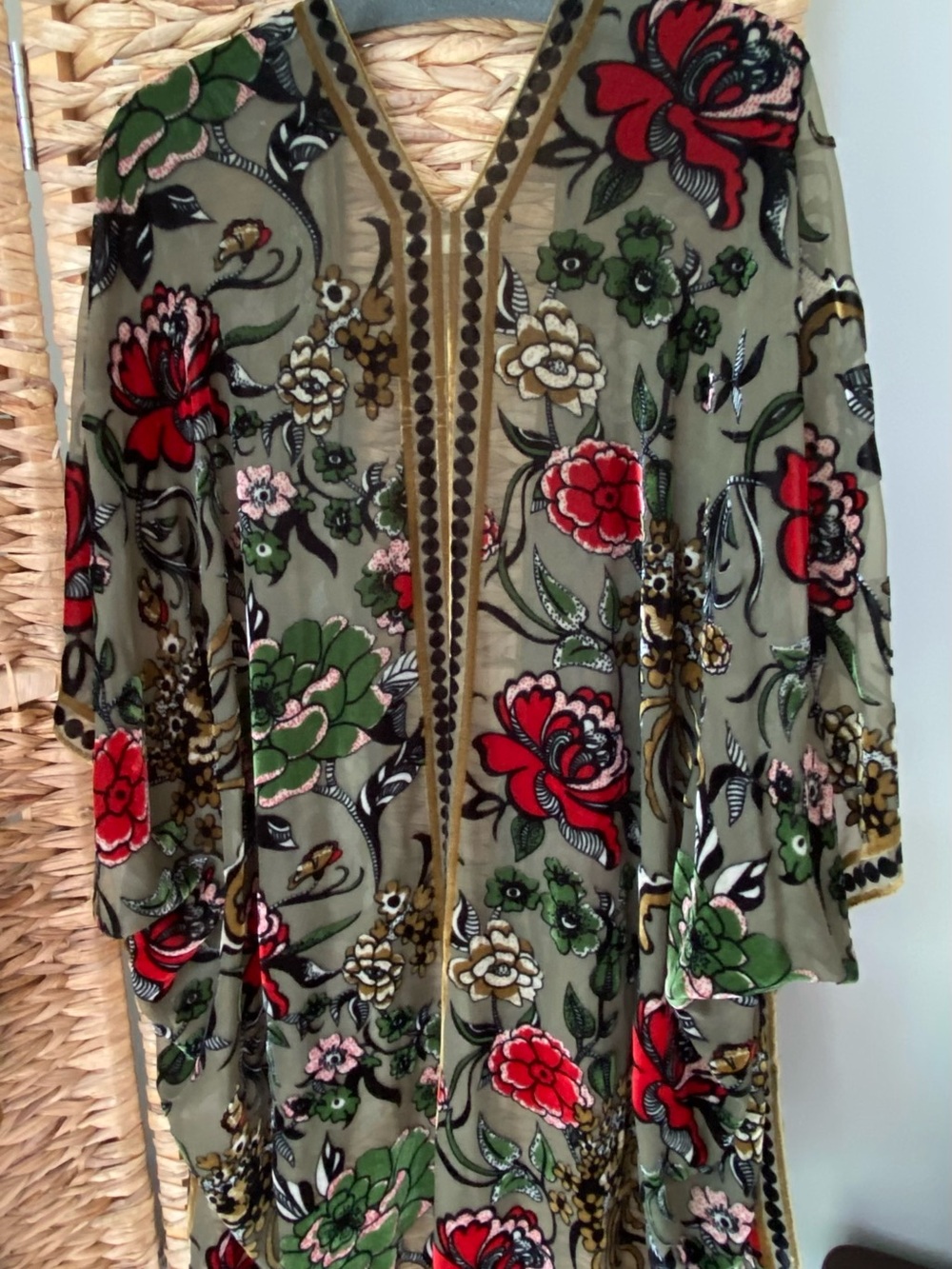 Urban Outfitters Olive Sheer Floral Burnout Jacket with Blue Embroidery